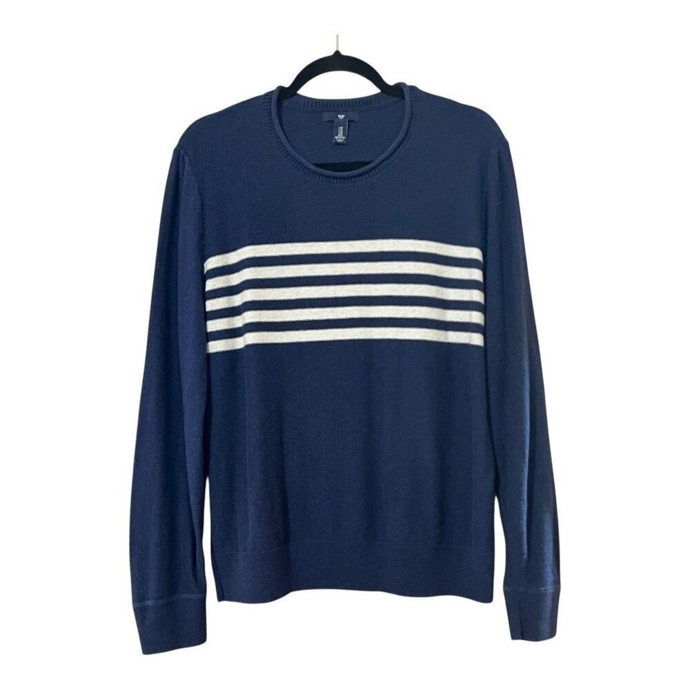 GAP Men's Pullover Sweater Size M Navy White Stripe Crewneck Cotton Knit Casual